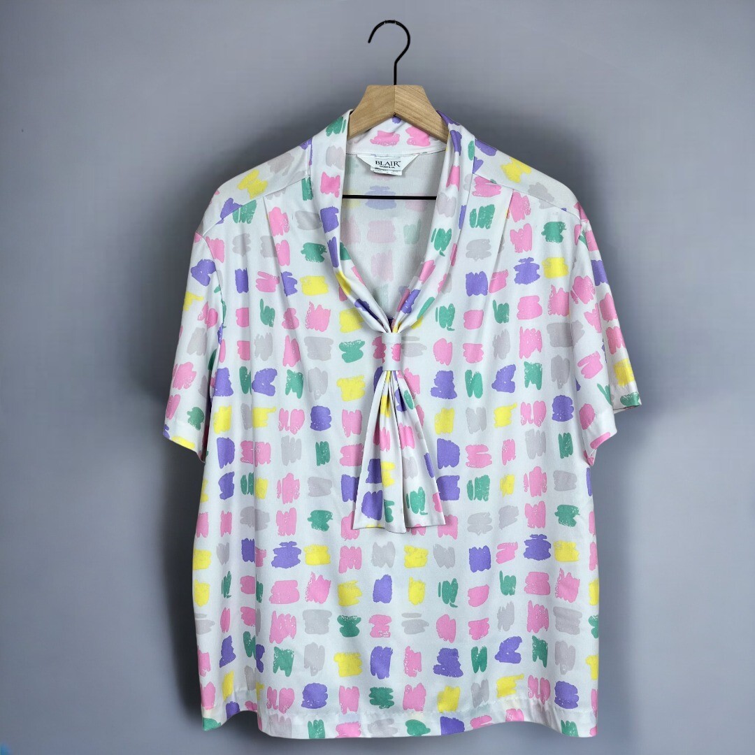 Blair Vintage 80s Short Sleeve Pastel V Neck Blouse Plus Size 22