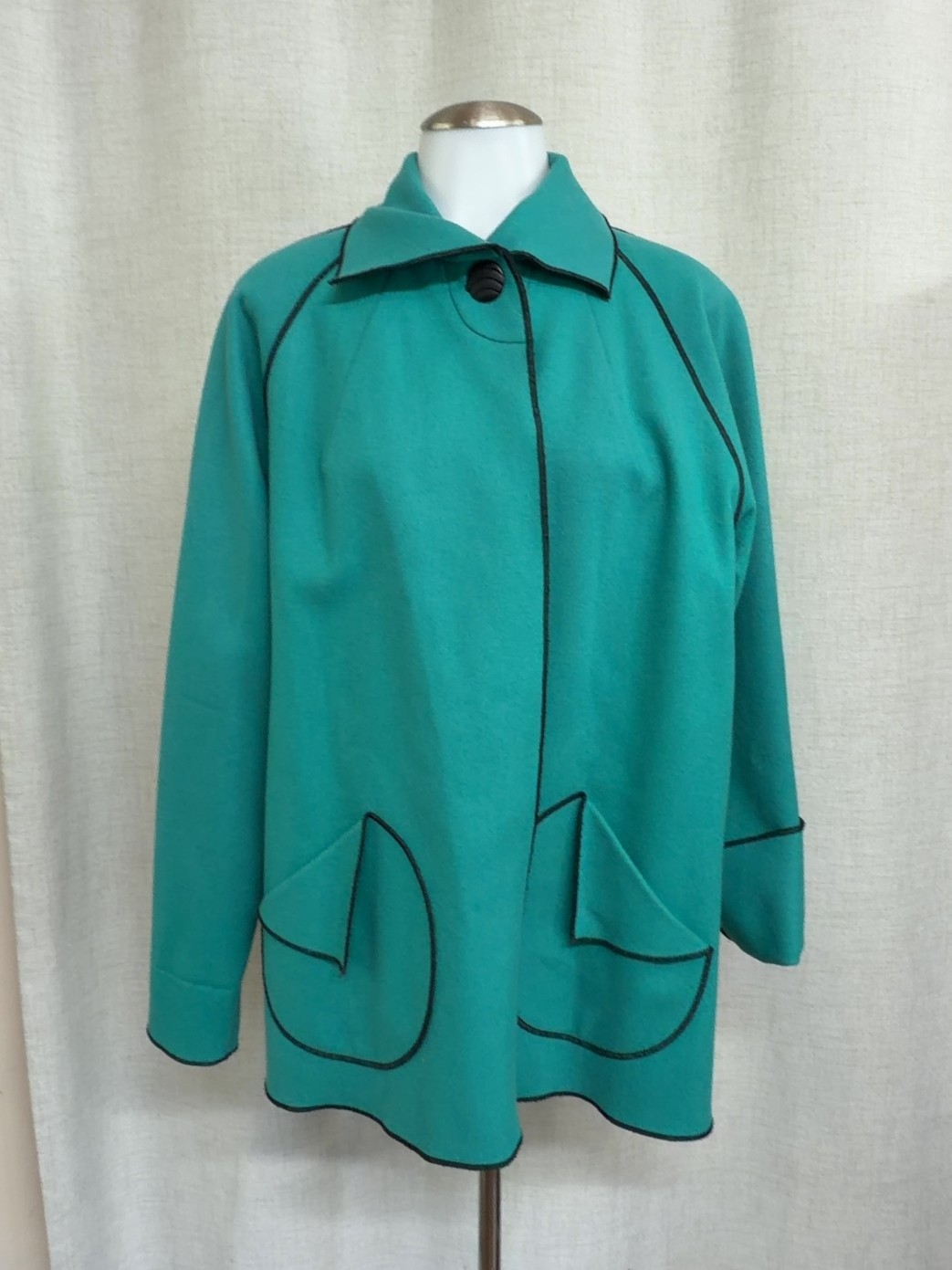 BEPPA Teal Wool Coat Jacket Swing Vintage Contrast Piping Sz S CMF