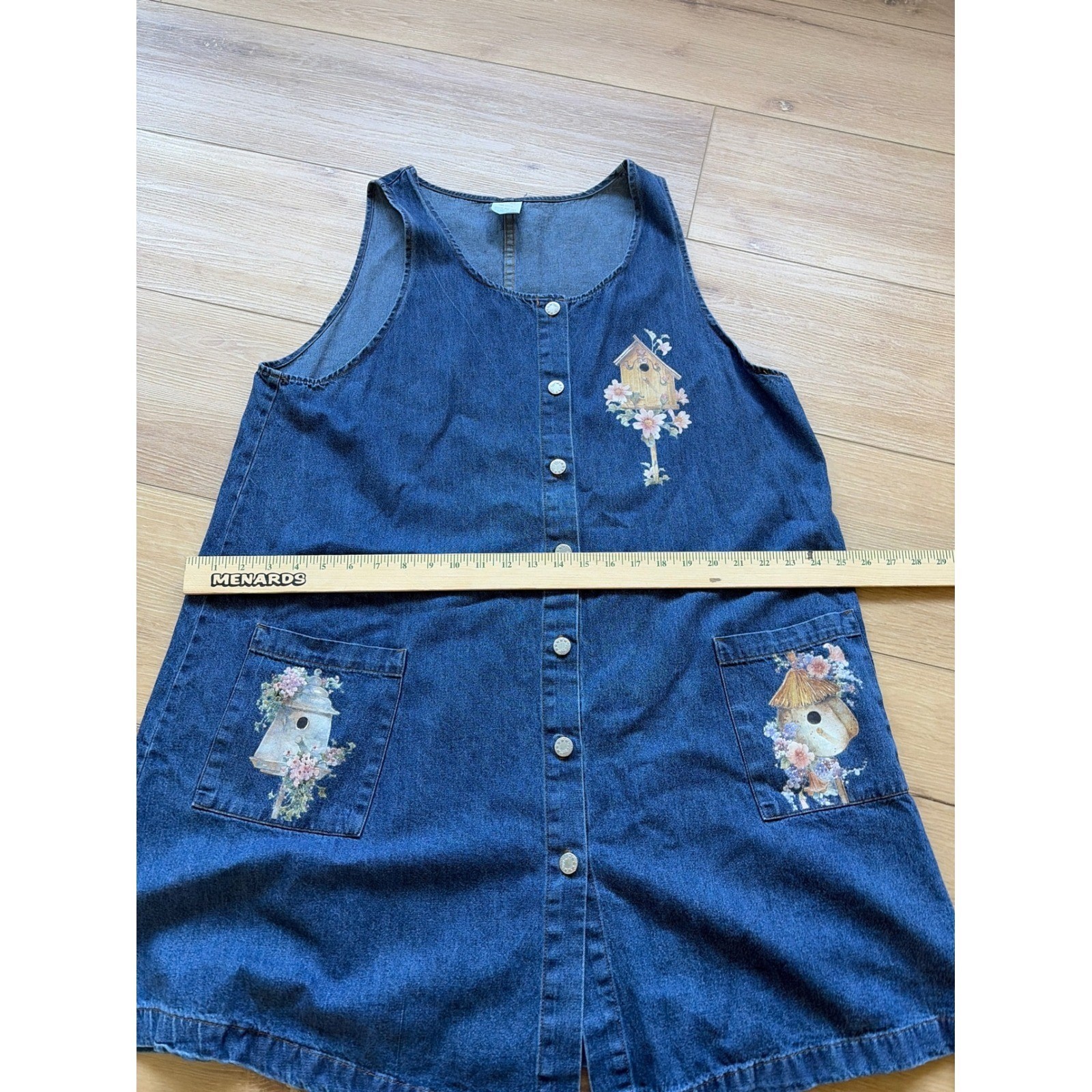 Vintage Denim Birdhouse Floral Jumper Dress Blue Button Front Cotton USA read
