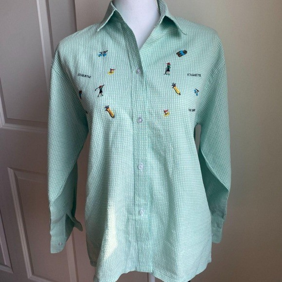 Vintage Mint Gingham Golf Embroidered Button Up Shirt Country Club Preppy