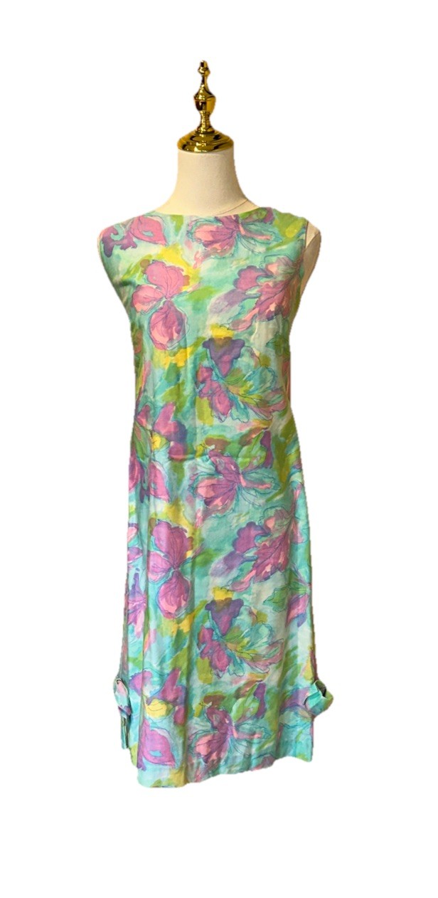 VTG 1950s Adelaar Women’s Pink Yellow And Blue Floral Dress With Bow Accent 12