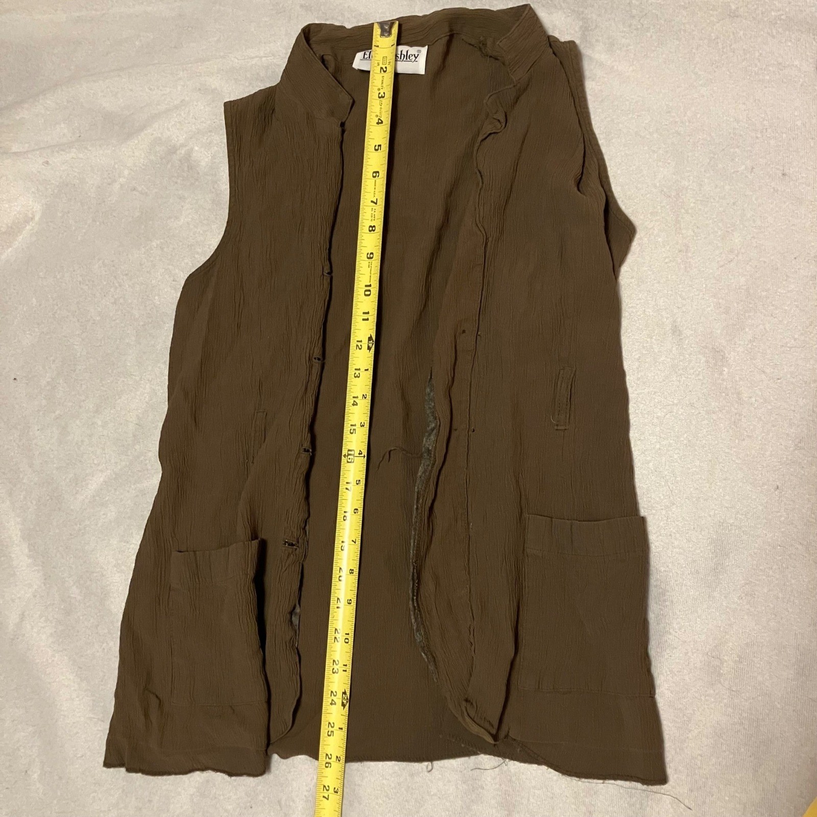 Vintage 90s Ellen Ashley Brown Crinkle Vest Long Boho Lagenlook Artsy Layering L