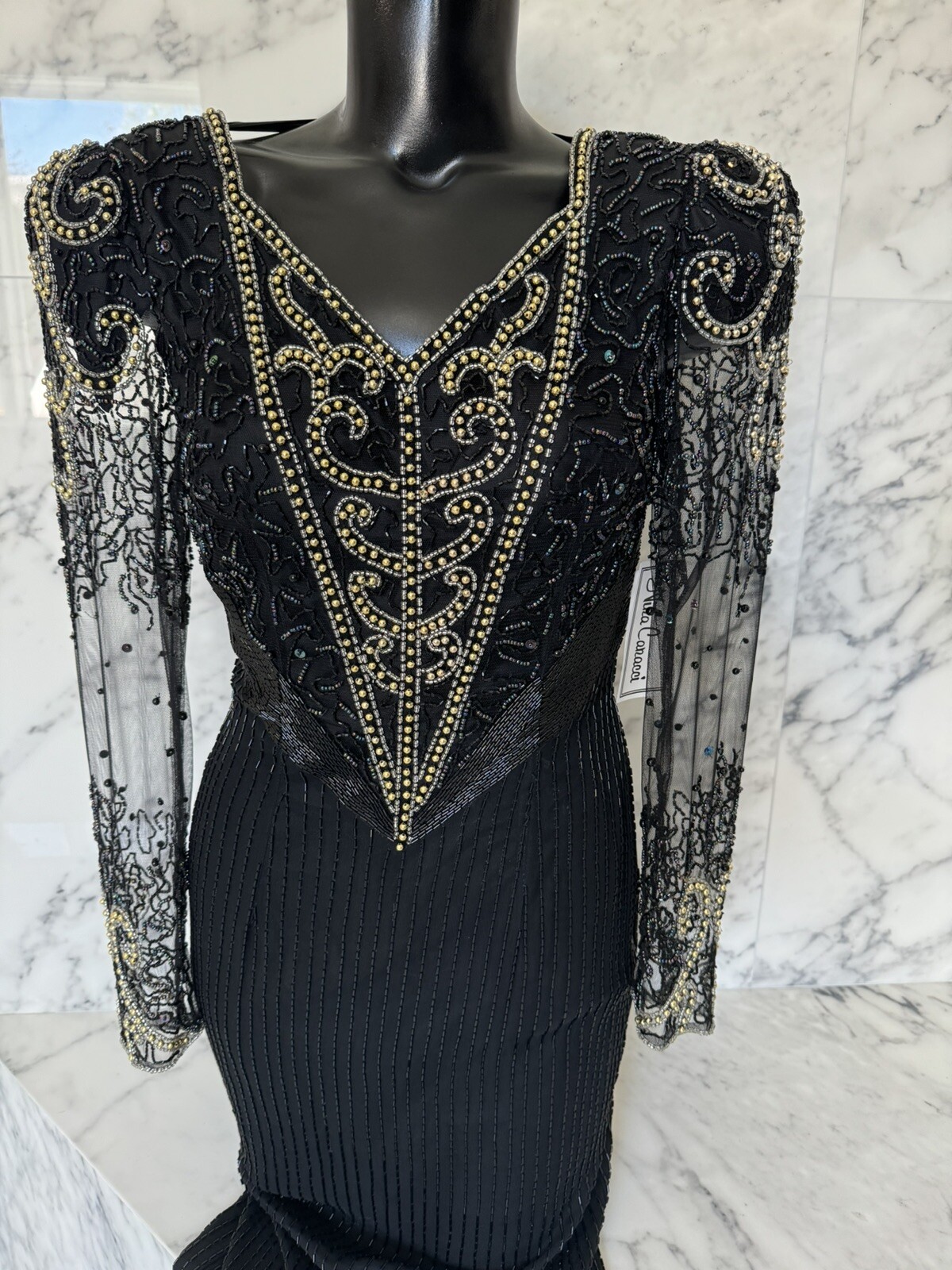 Nina Canacci Formal Wedding Cocktail Black /Gold Beaded Evening Gown