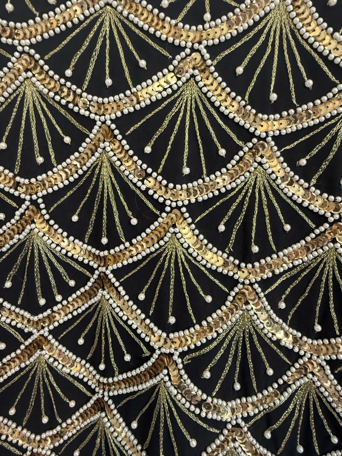 Vintage Beaded Sequined Top Black Gold Scallop Art Deco Flapper Party Blouse XL