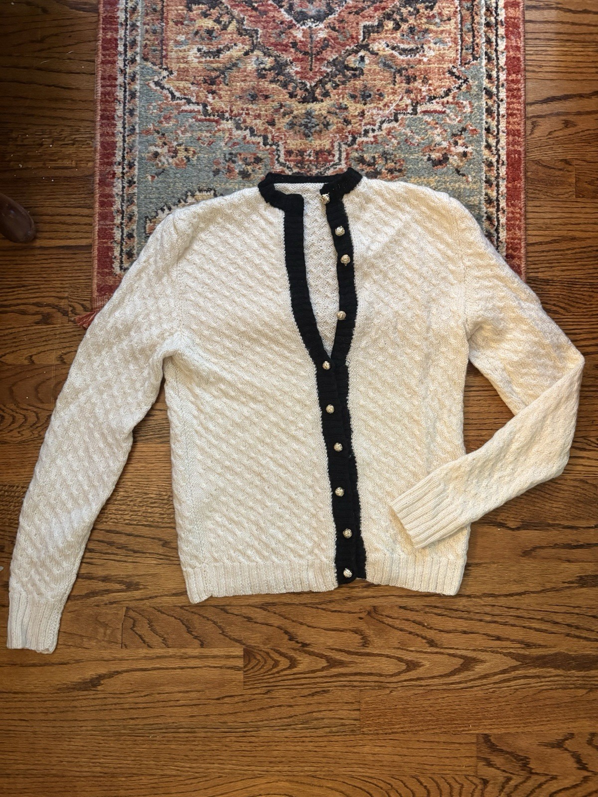 Vintage Wool Blend Knit Cardigan With Gold Buttons White And Black