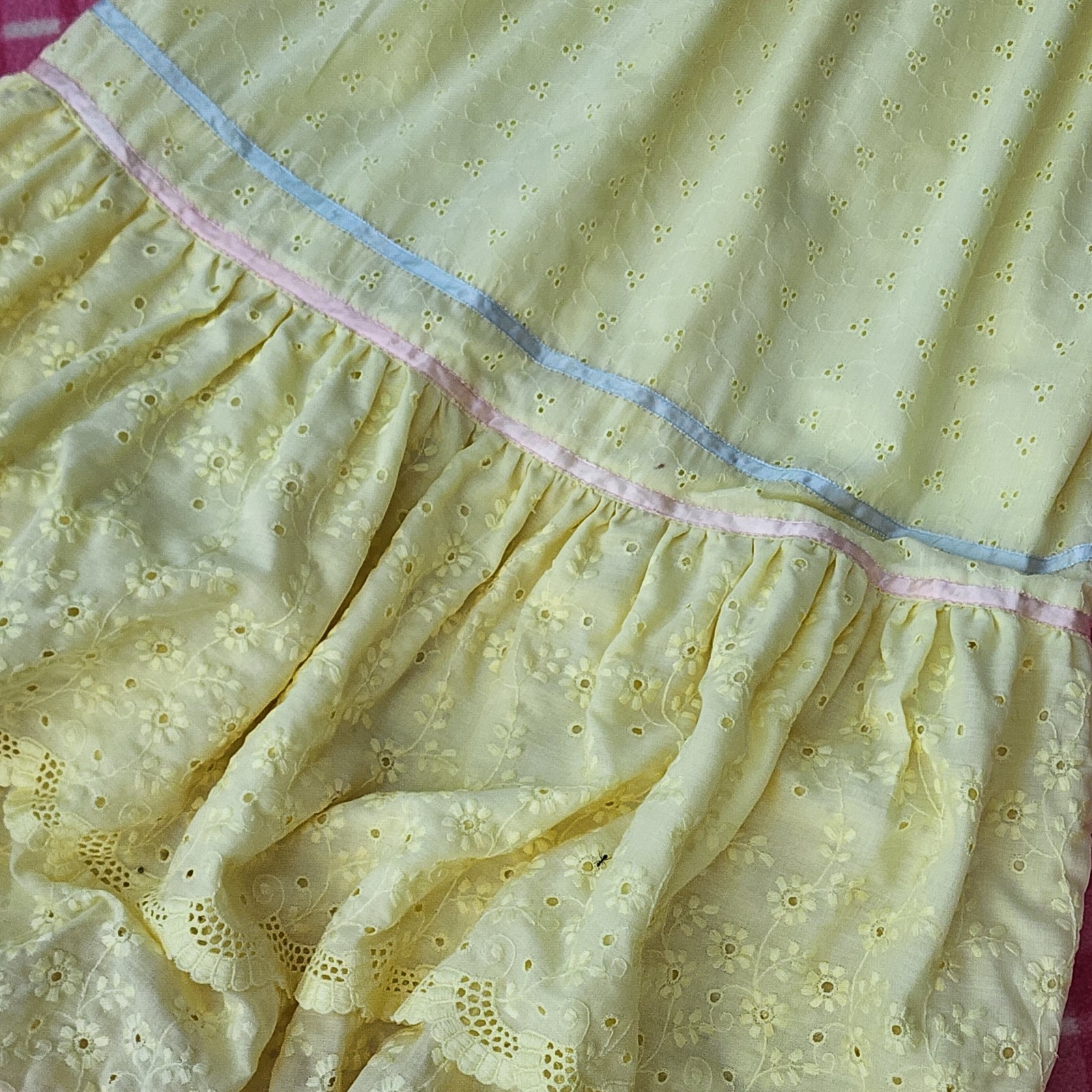 1970s Eyelet Cotton Maxi Dress SM XS Cottage Core Butter Yellow Vintage