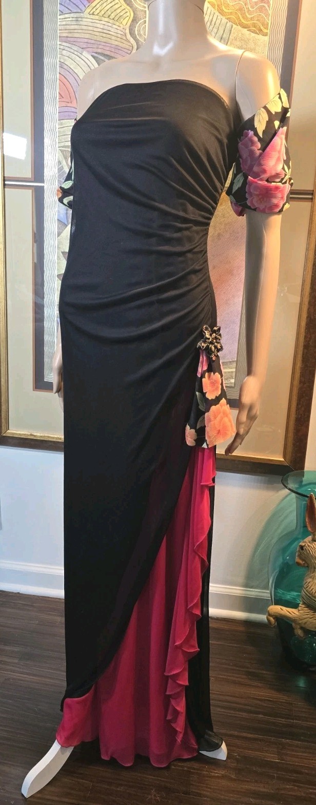 Vtg 90s Bodycon Strapless Flamenco Dress Y2K California Concepts Black Med