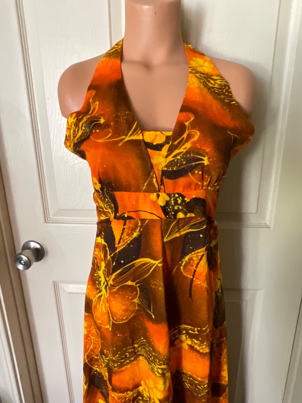Vintage 60s Mod Maxi Dress Bright Orange Tropical Hawaiian Original Handmade