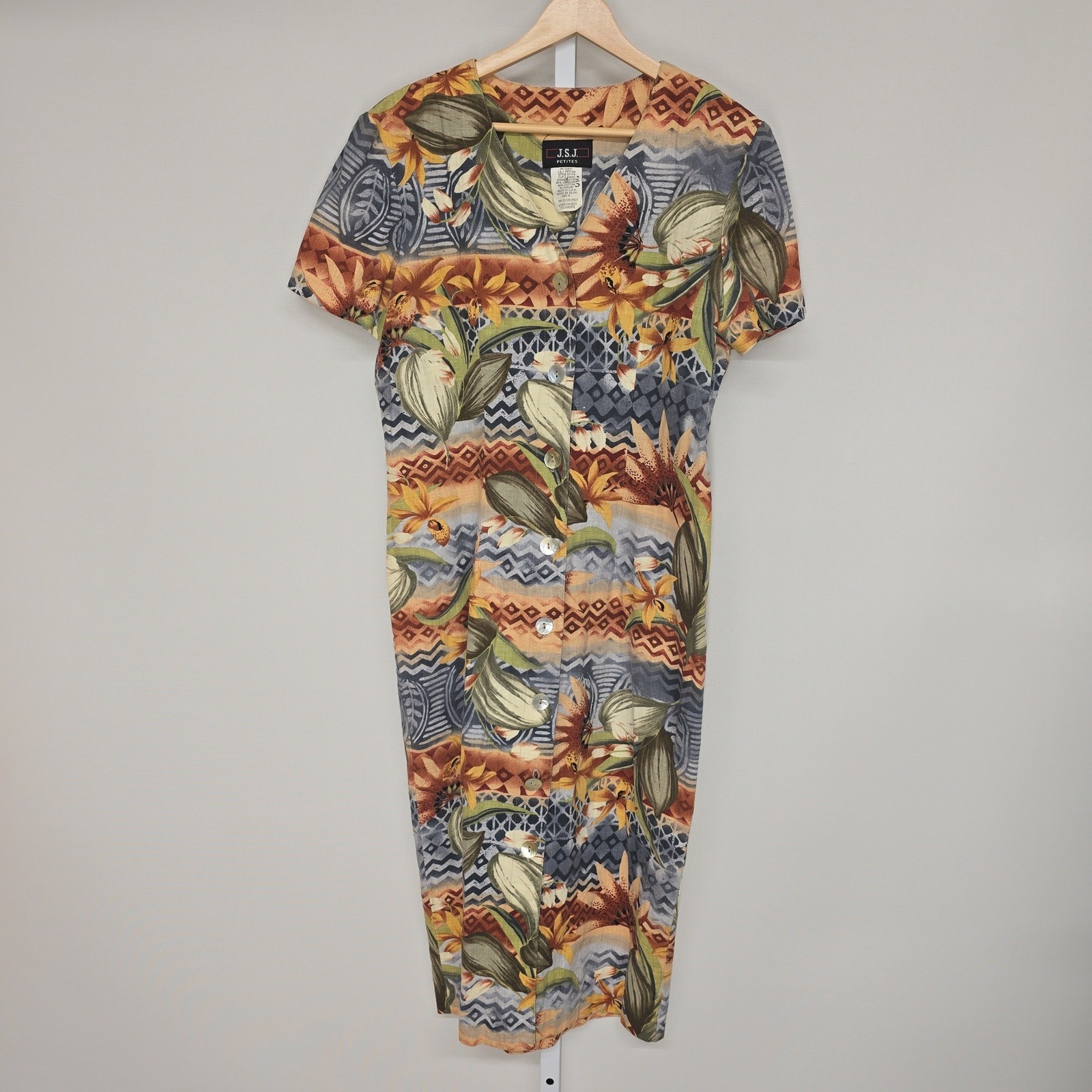 JSJ Petites Vintage 90s Tropical Floral Button Up Midi Dress Linen Cotton Brown