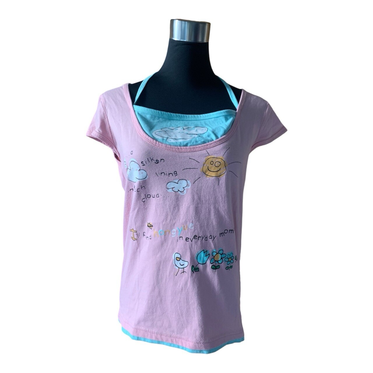 Vintage Y2K 90s Graphic Layered Baby Tee Pink and Blue