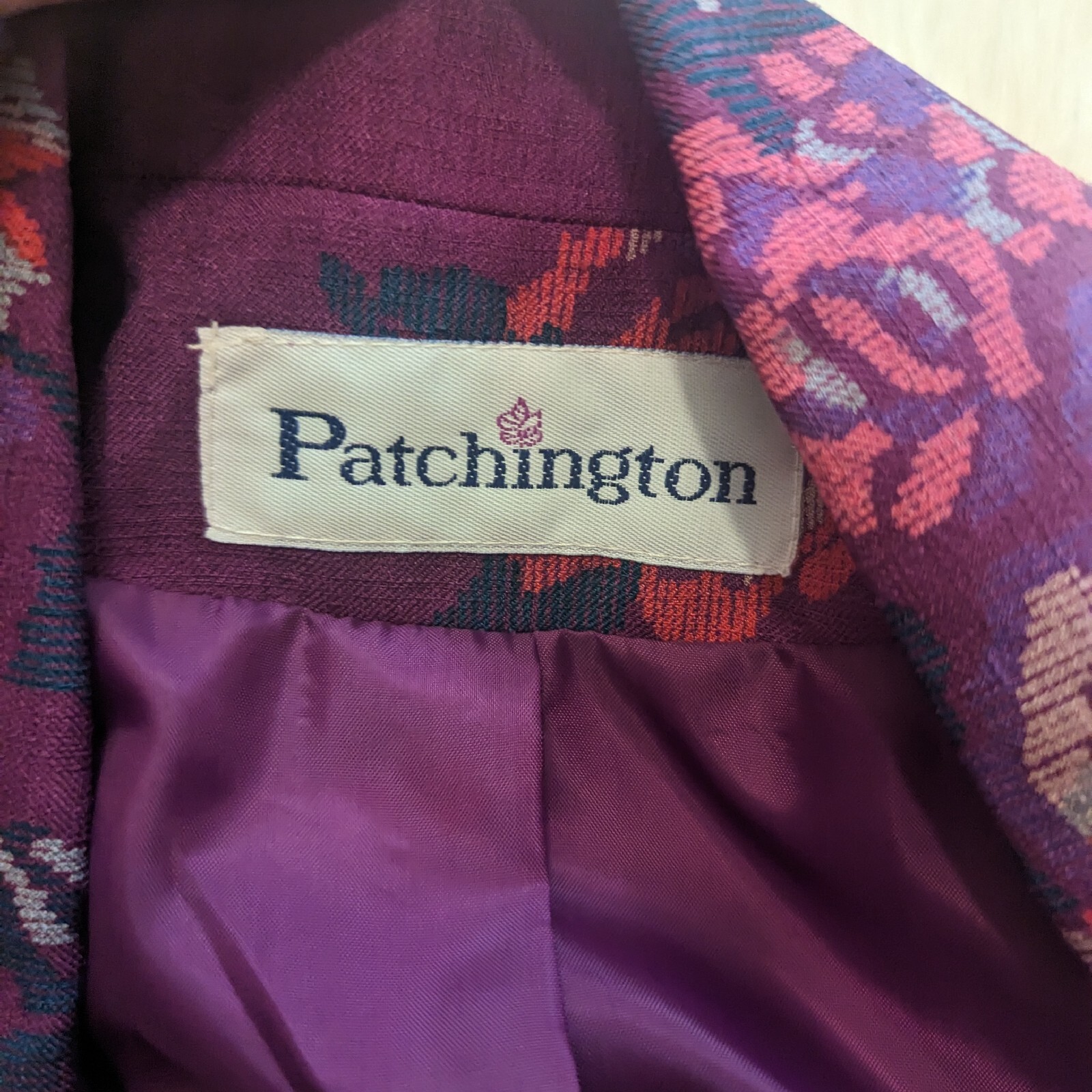 Vintage Patchington purple floral print skirt suit set with scarf size 8
