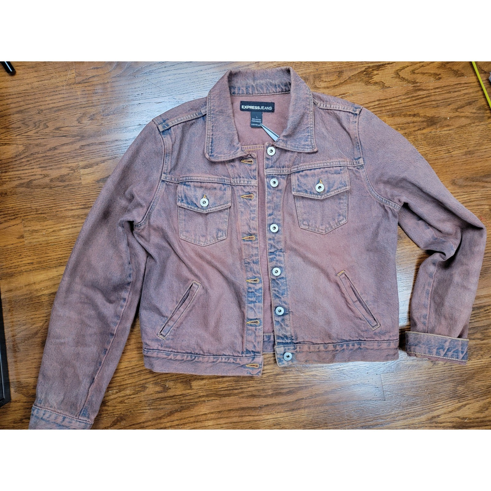 Express Vintage Acid Wash Denim Trucker Jacket Orange Brown Women’s Large Cotton