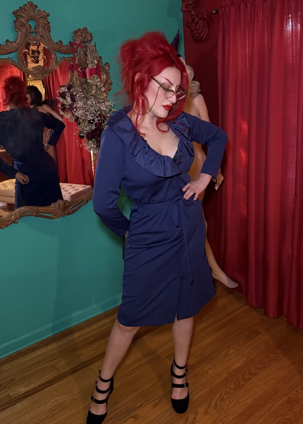 Vintage 60s/70s Navy Blue Midi Cocktail Dress by Umba for Parues Feinstein