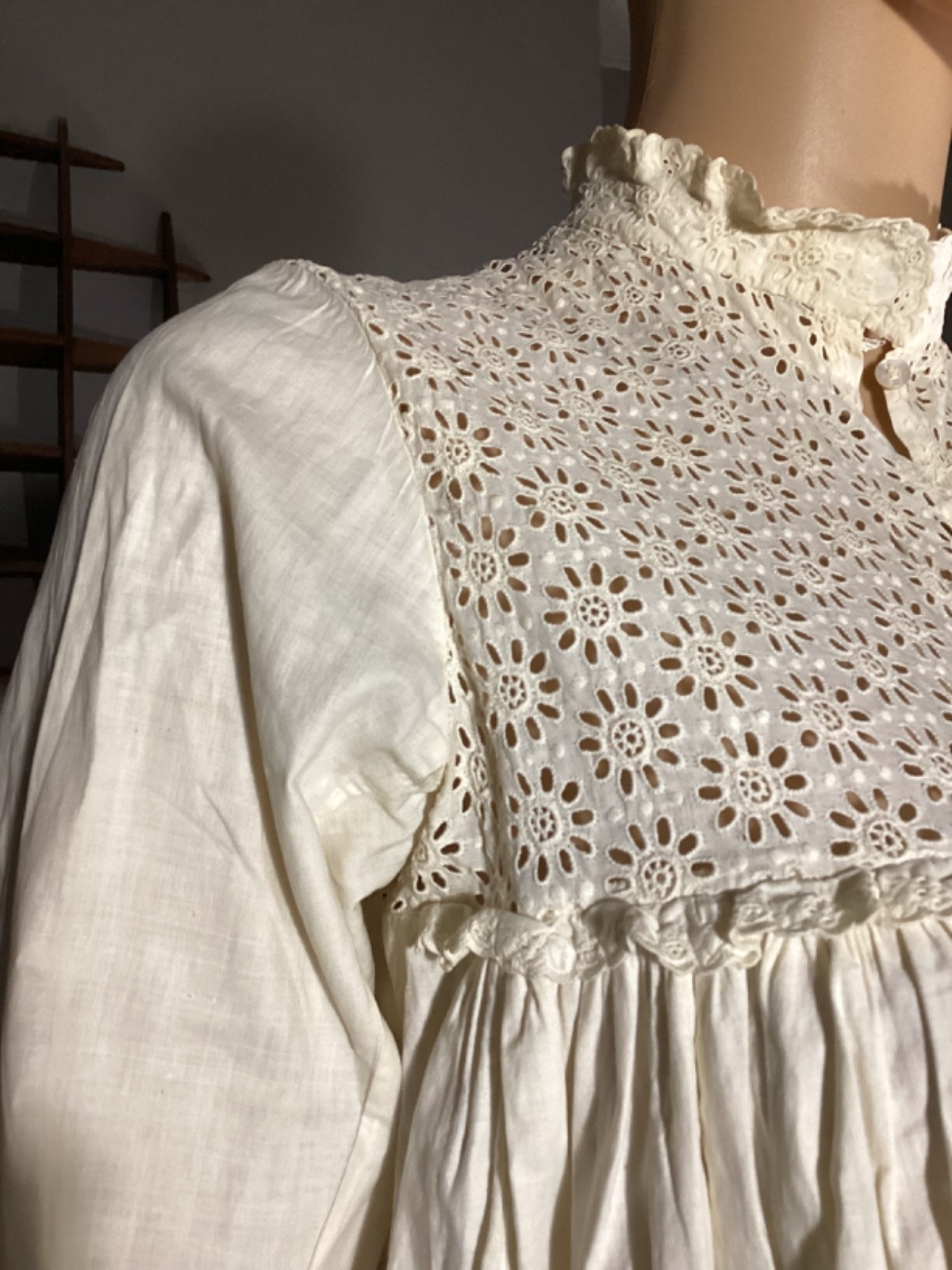Antique Victorian Edwardian Cotton Eyelet Lace Long Nightgown Glass Buttons