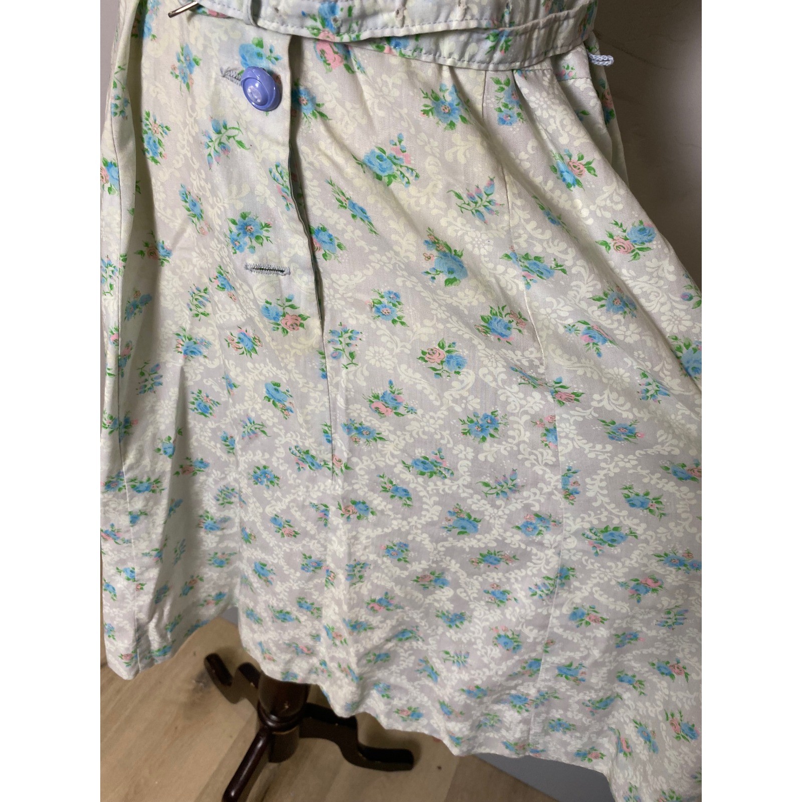Vintage 1940’s Floral Day Dress Blue Pink Cotton Belted Button Front Tea Dress