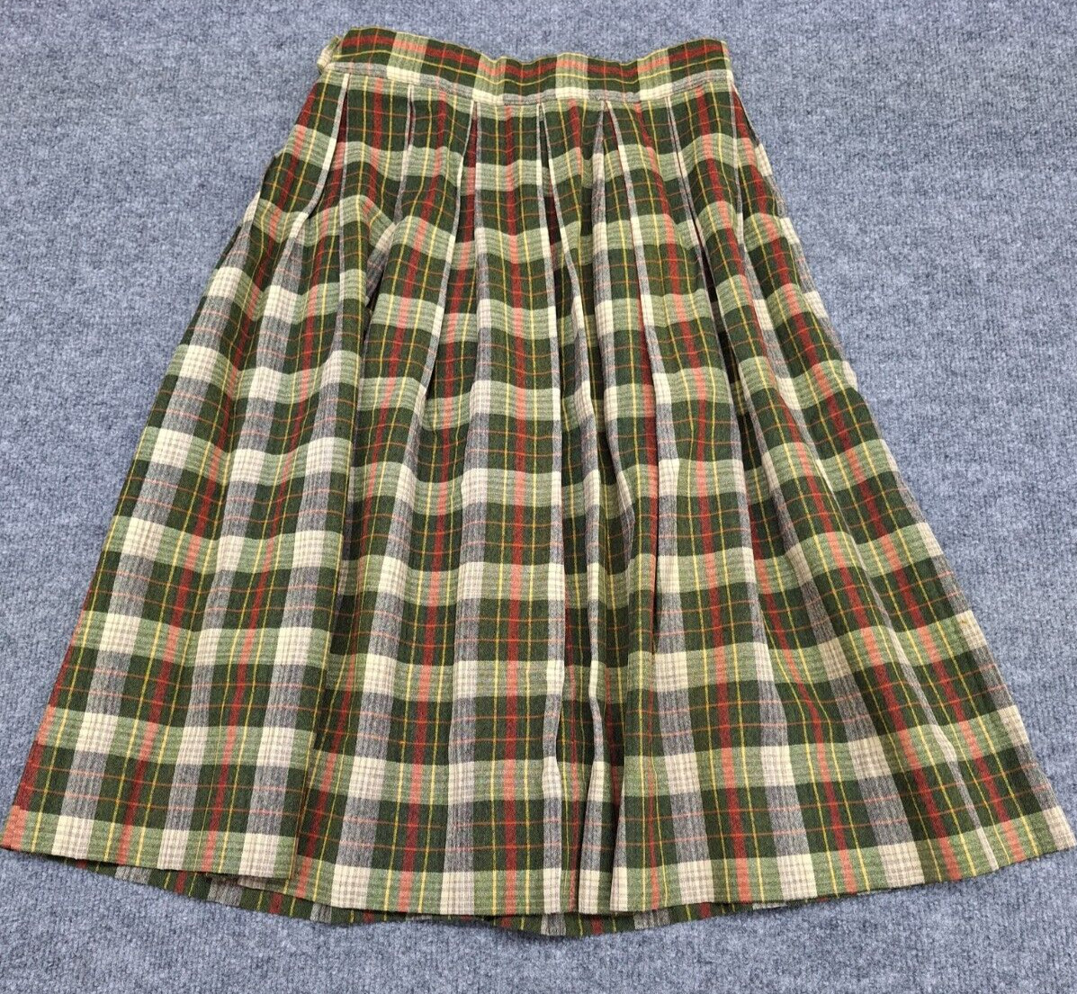 Vtg Alex Colman Pleated Wool Blend? Green Plaid Side Zip 26″ Waist Skirt