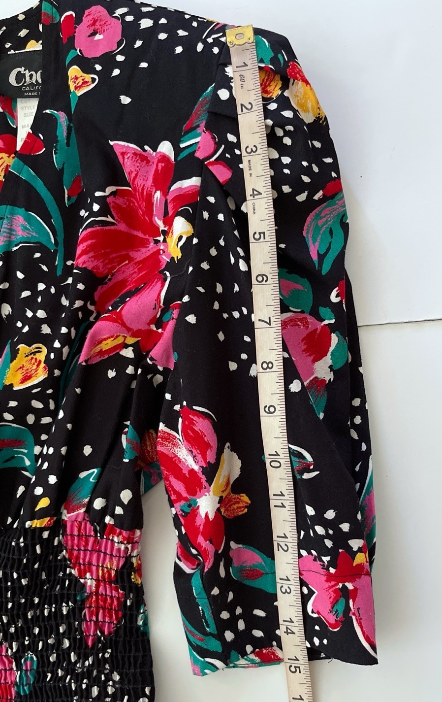 Vtg 80s Choon California USA Dress Women 6 Black Floral Print Peplum Cotton