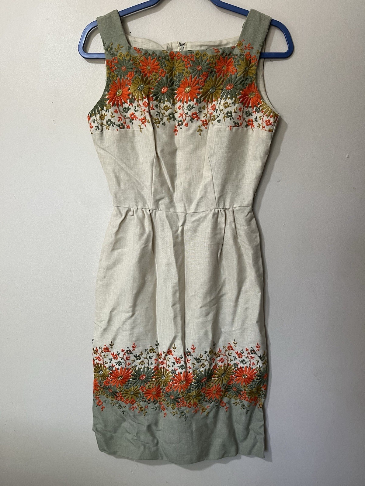 Vintage 50’s cotton linen wiggle dress Tan Orange Sage Green Floral Embroidery
