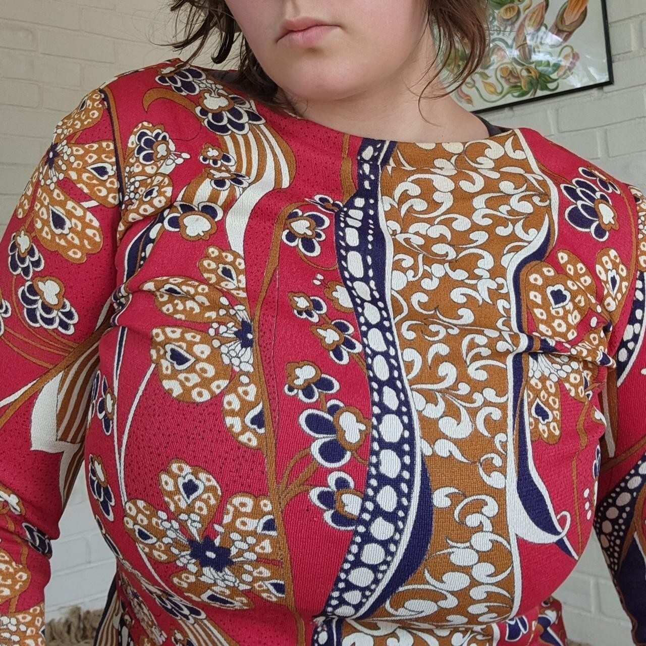 Vtg 60s 70s Dress Midi Size 14 Sacony Ciella Red Geo Floral Mod Gogo Disco