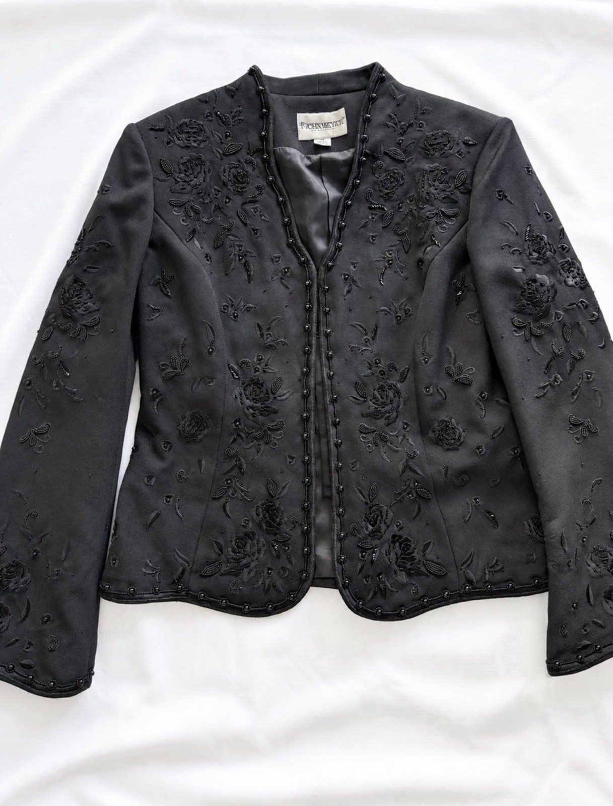 John Meyer of Norwich Black Beaded Embroidered Open Front Jacket Blazer Vintage