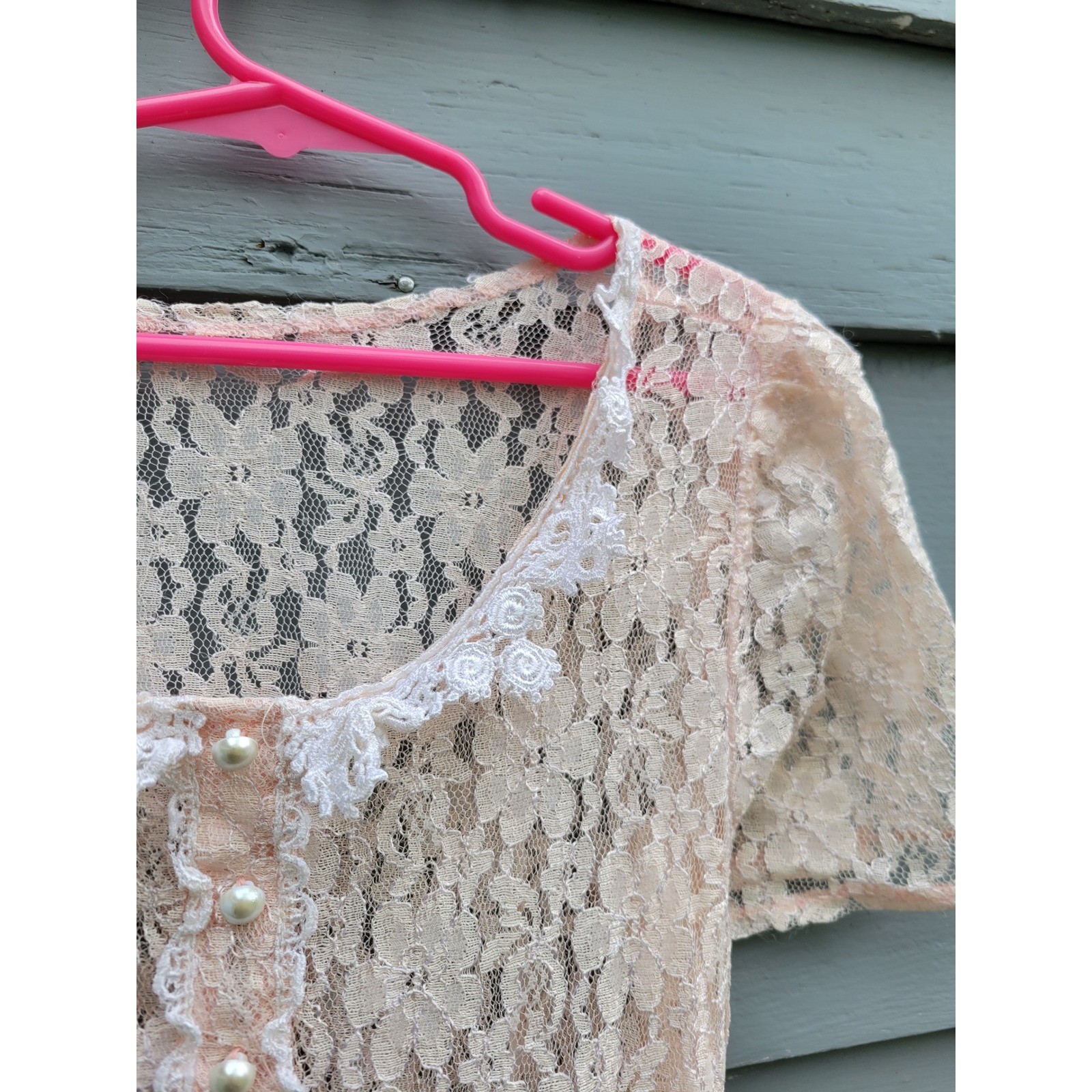 Vintage Lace Mini Dress Peach Pink Pearl Button Cottagecore Coquette Sheer Small