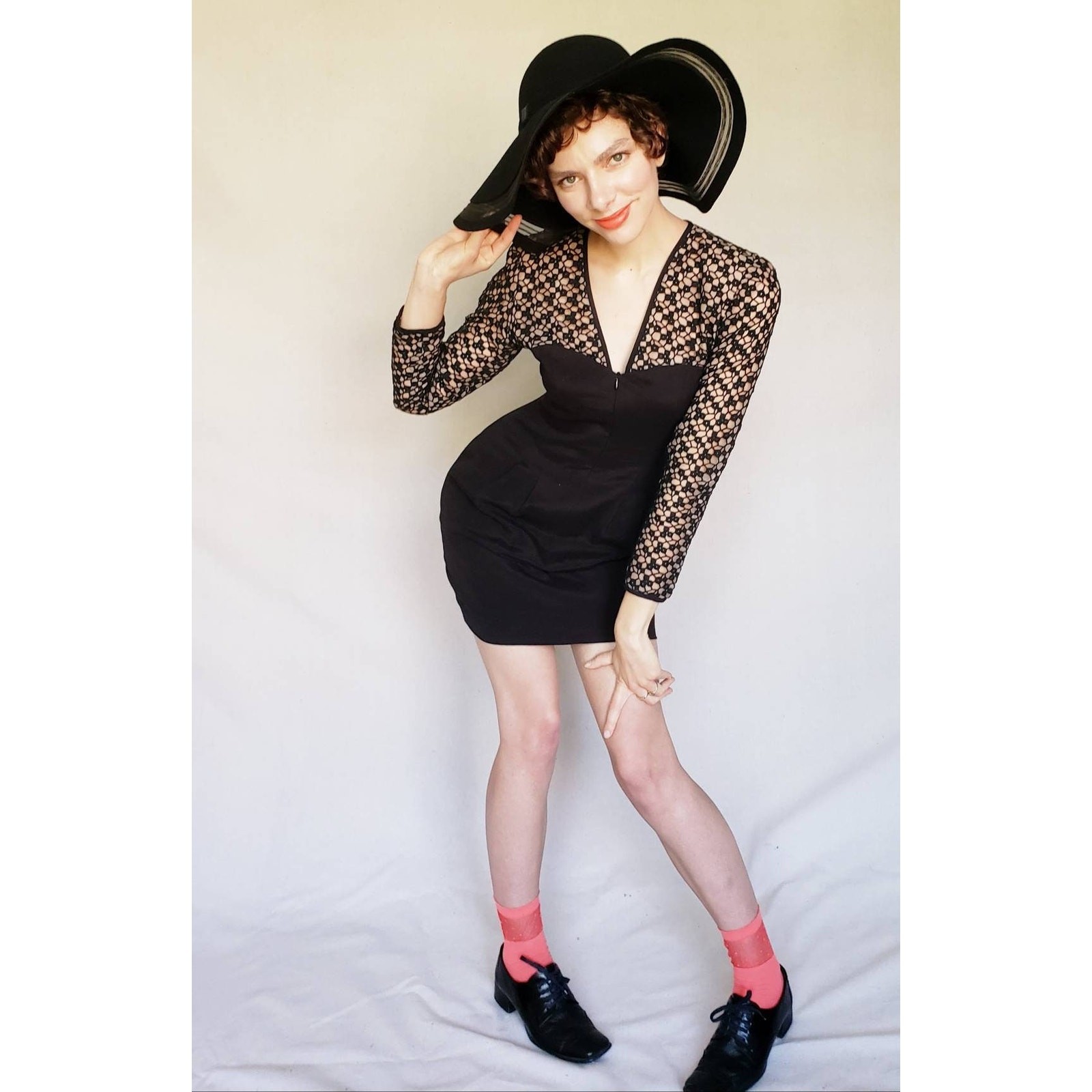 VTG 1980s Black Party Dress Crochet Lace Nude Illusion Kathryn Dianos Zip Front