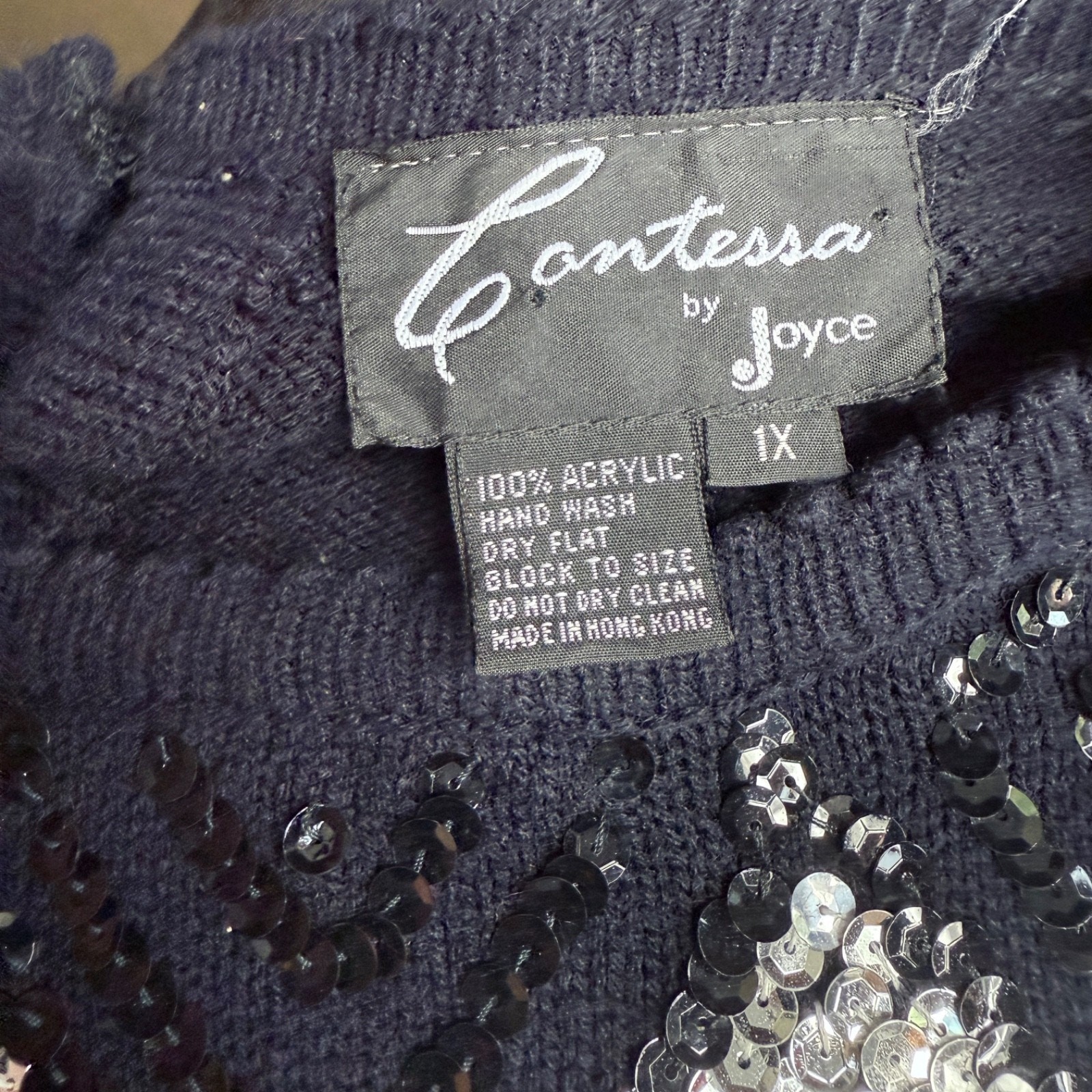 Vintage Contessa by Joyce Sequin Beaded Sweater Black Silver Argyle 1X Acrylic