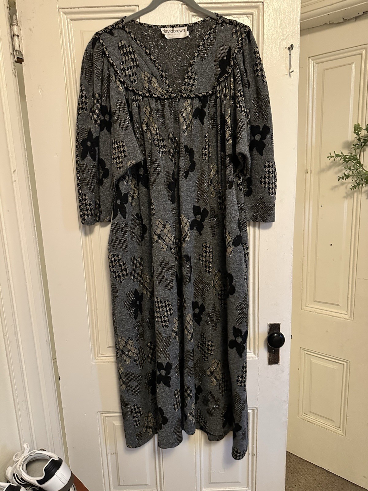 Stunning David Brown, 1970s metallic balloon sleeve houndstooth flower dress