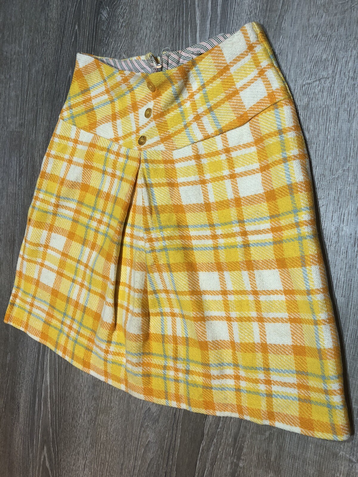 VTG 70’s Yellow Orange White Multi Wool Blend Plaid Preppy Mini Skirt~XS