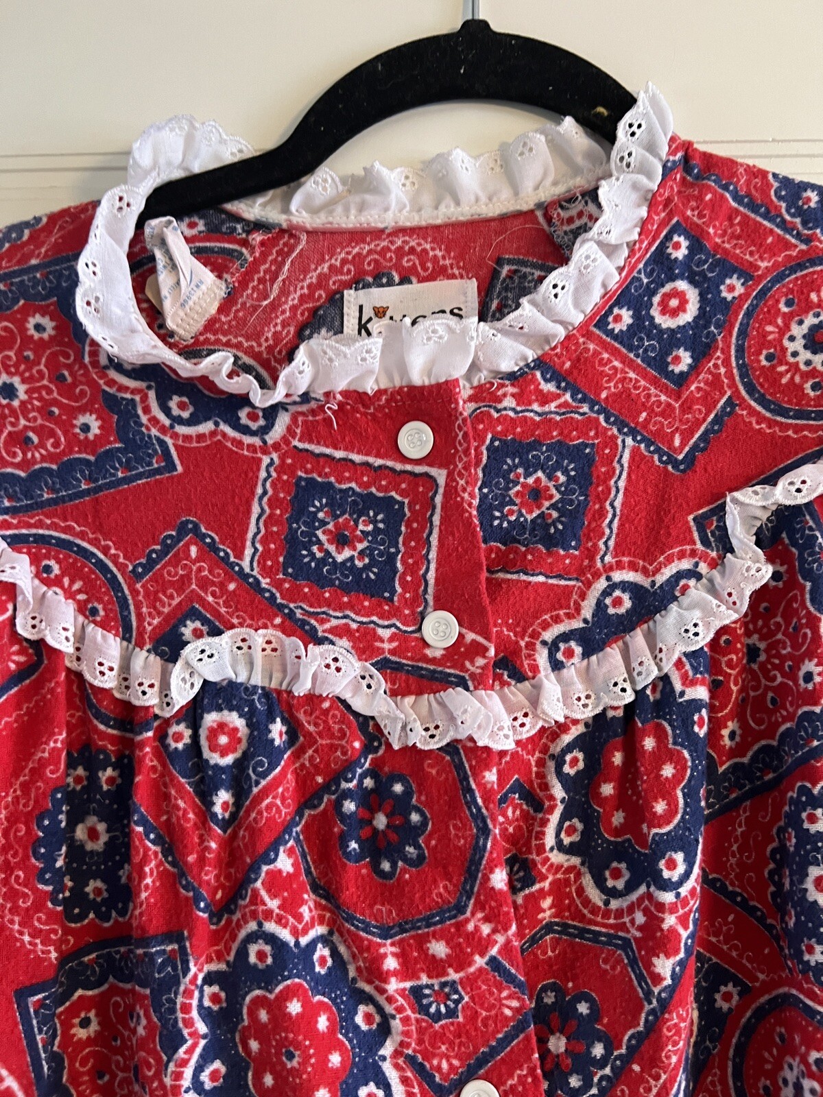 VTG Sleep Dress Night Gown Flannel Size Small Red Blue White Kittens by Katz
