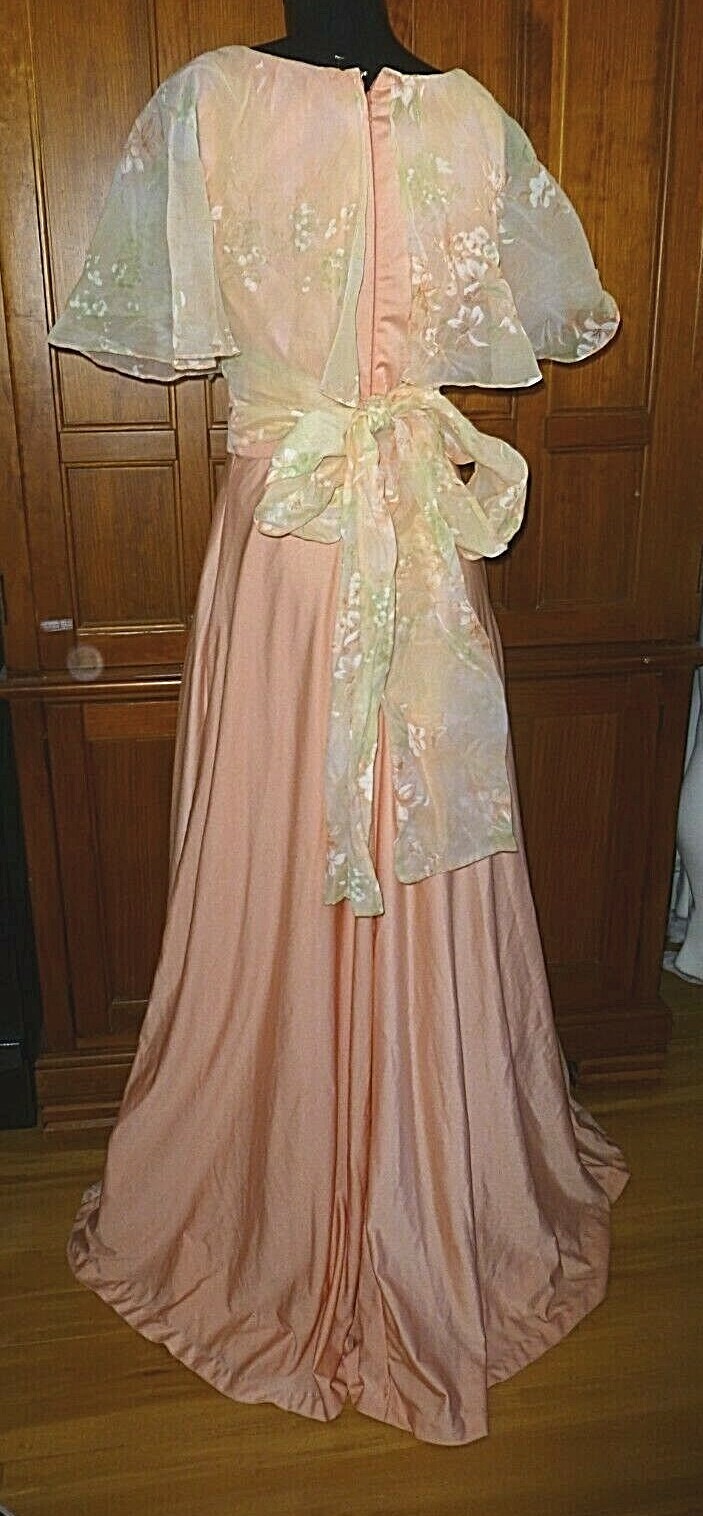 Vtg 70s Jersey Matte Cape Ruffle Floral Chiffon Boho Evening Wedding maxi Dress