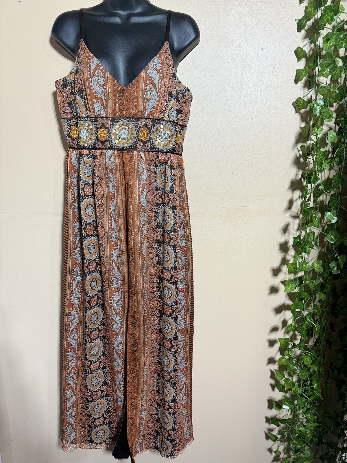 VTG Spenser Jeremy Beaded Metallic 98% Silk Sun Dress Empire Waist Brown Sz 10