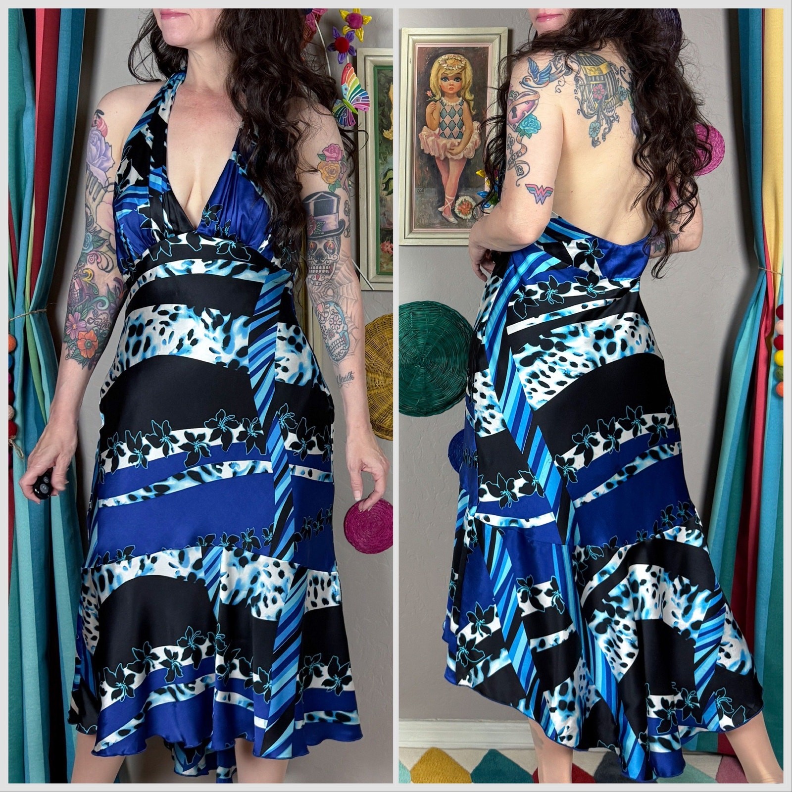 Vintage 1990s Blue & Black Abstract Print Silk Backless Halter Dress | 32″ Waist