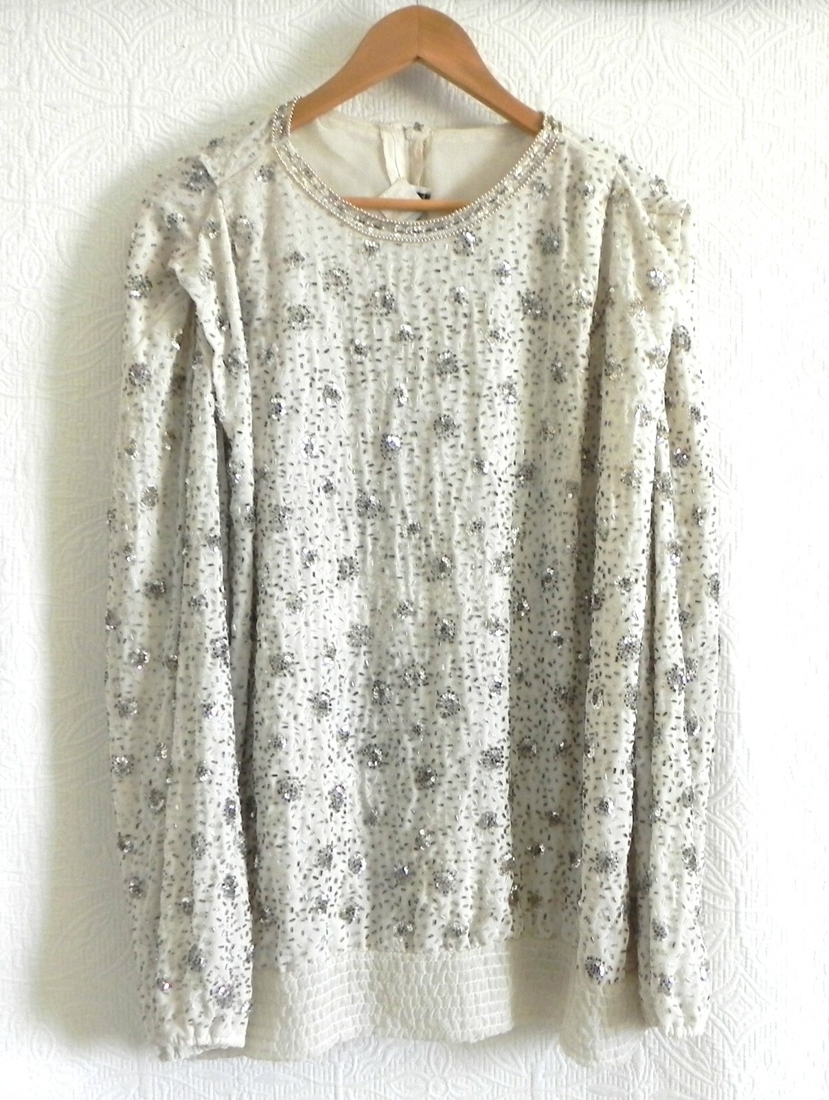 Vtg Jack Bryan Tunic Sequin/Bead Chiffon Lined Long Sleeve Ivory Over-Sized 12