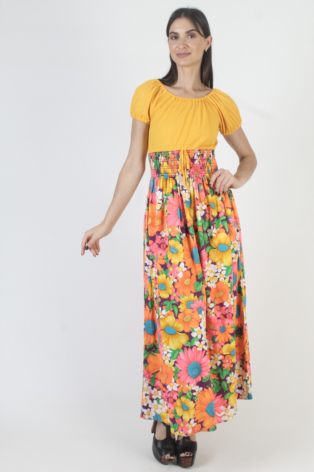 Vtg Tropical Print Dress Hawaiian Smocked High Waist Floral Tiki Luau Sundress