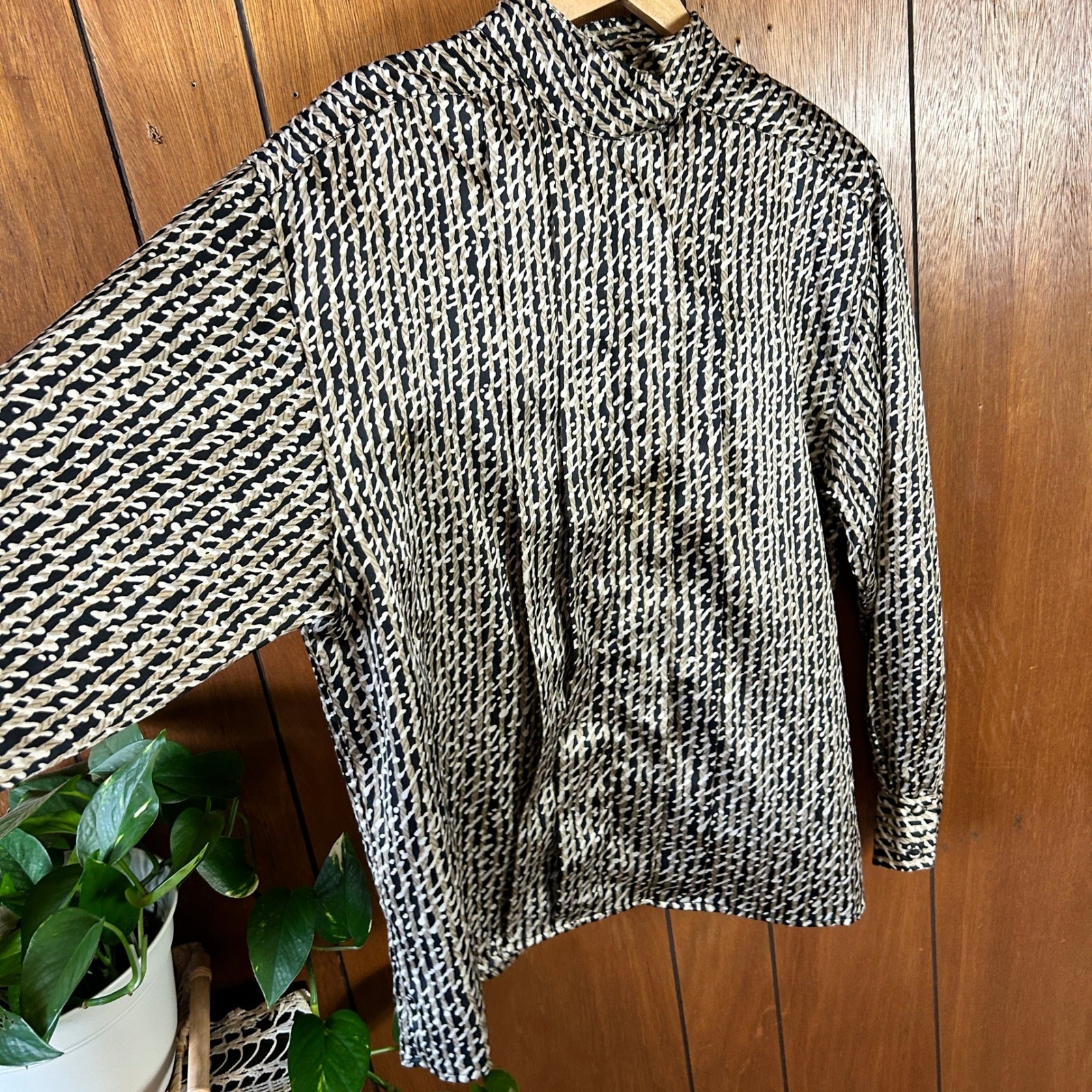 Vintage Alexandria Mock Neck Blouse Black Tan Geometric Abstract Print Top