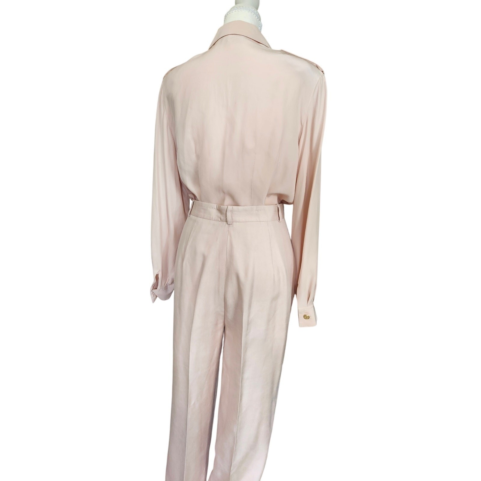 Vintage Starington 100% Silk 2 Pc Blush Pink Set Straight Leg Pants Blouse 10 12