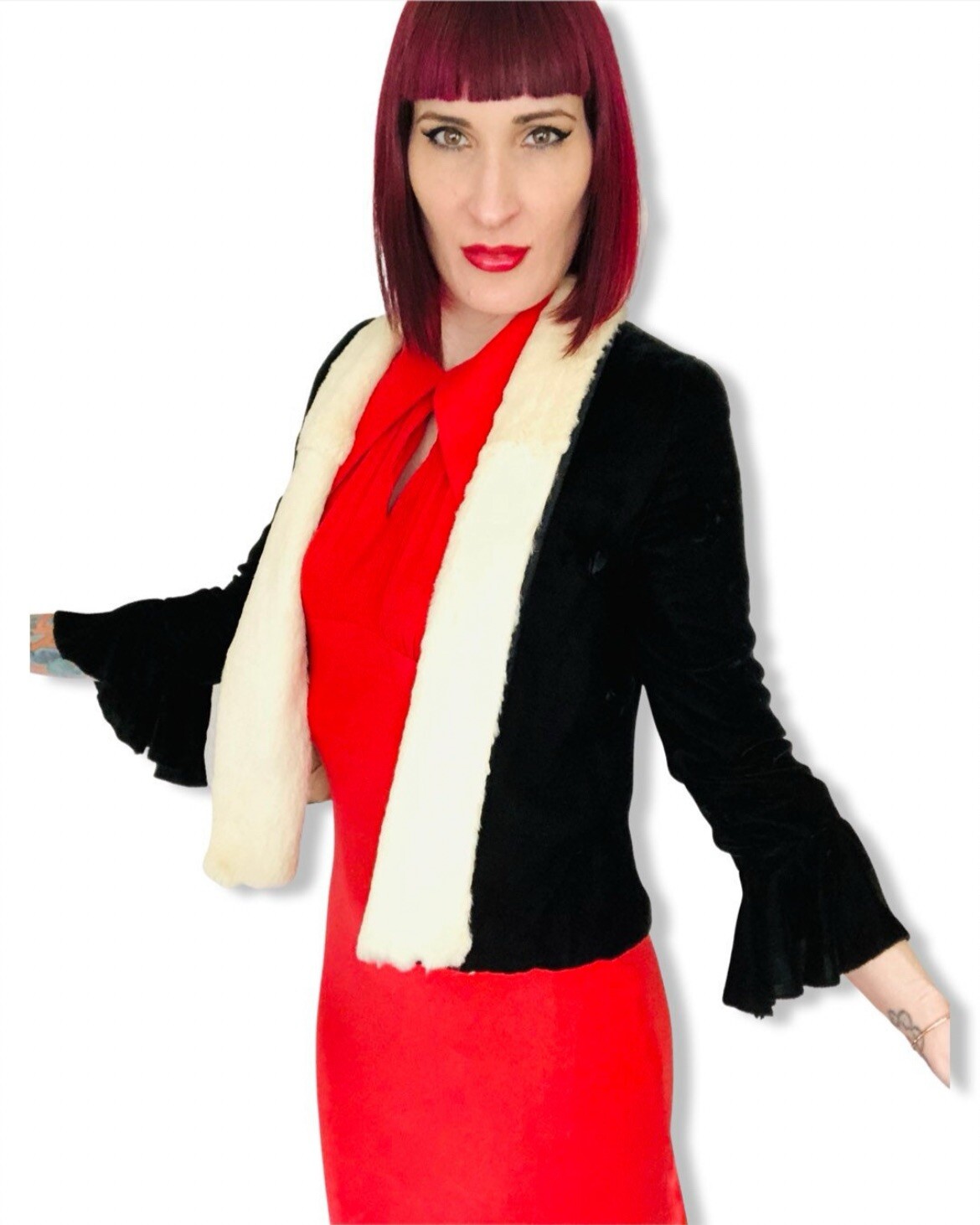 Antique Vintage 1920s Black Silk Velvet Trumpet Sleeve Jacket White Ermine Fur