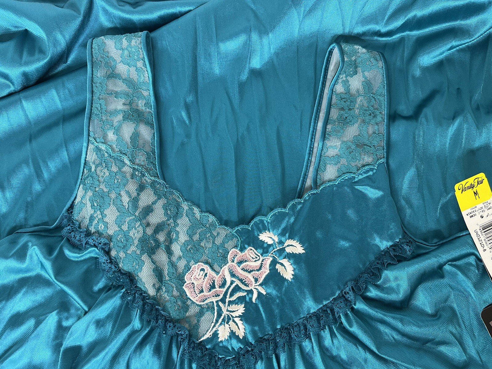 Vintage Vanity Fair Medium Winter Jade Nightgown Full Length Embroidery Satiny