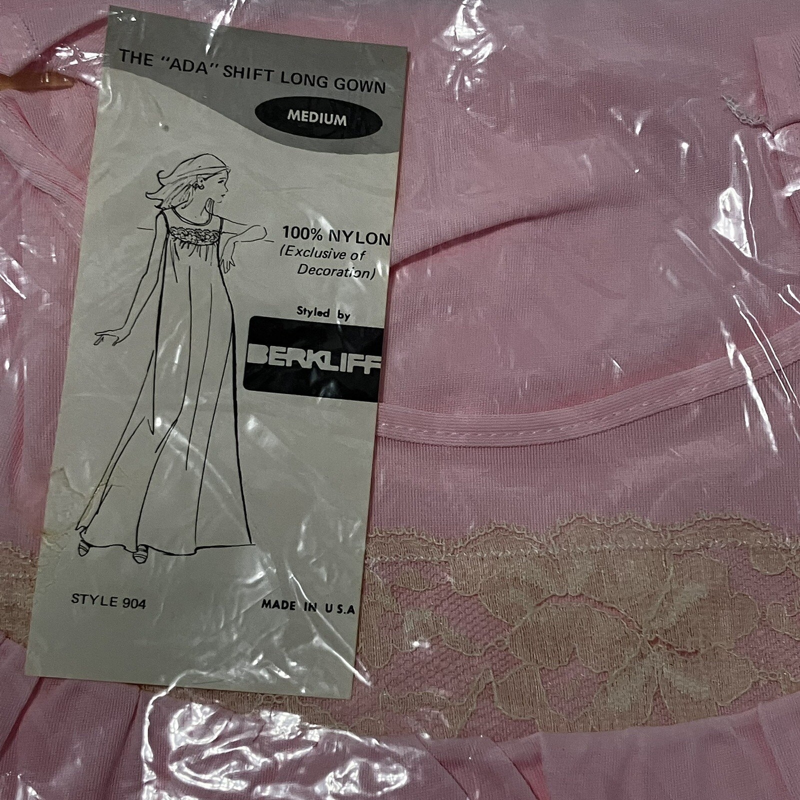 Pink Shift Nightgown Berkliff All Nylon Lace 1960s Dress Pajama Vintage NEW