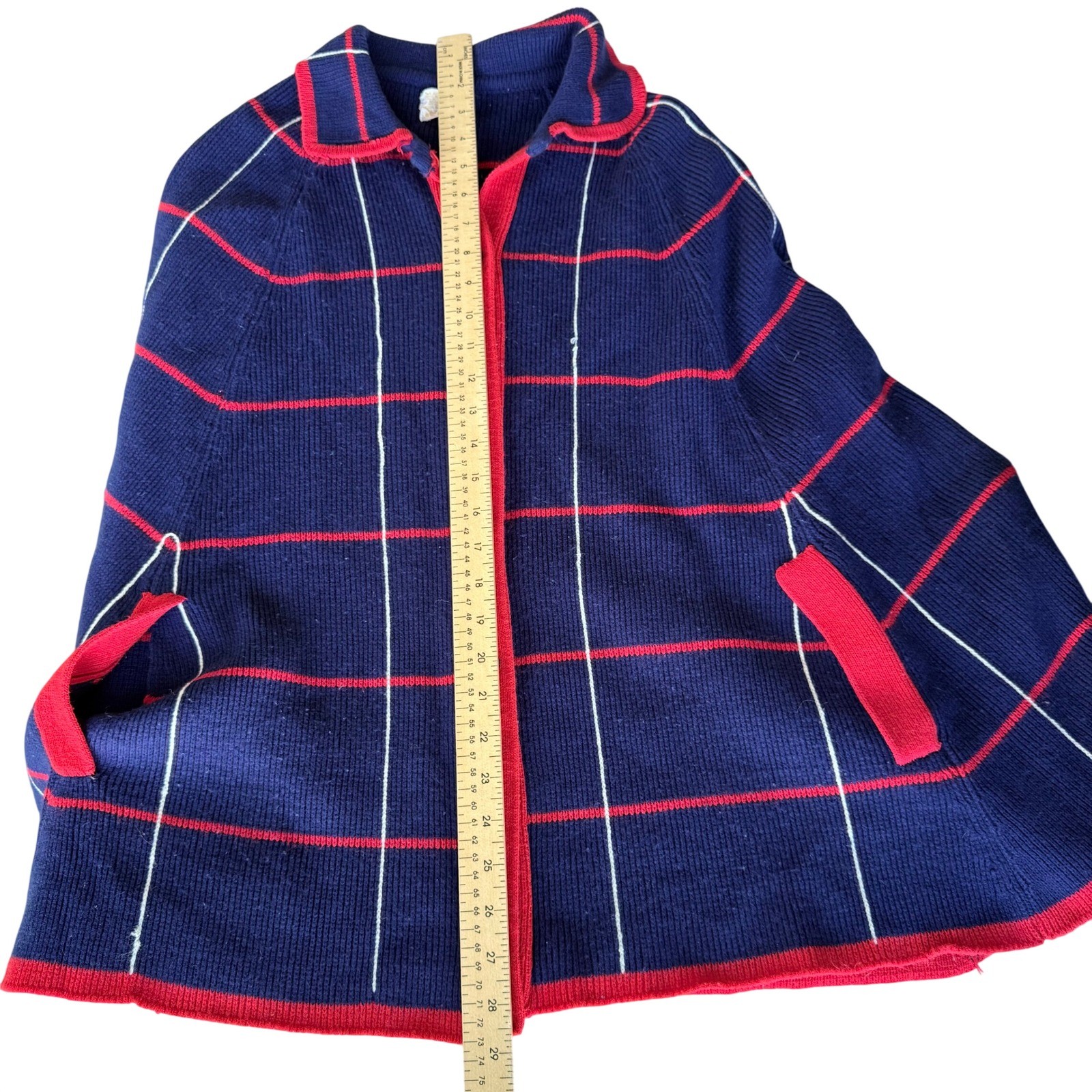 Vintage Glentex Navy Blue Red Plaid Button Front Cape Poncho Sweater One Size