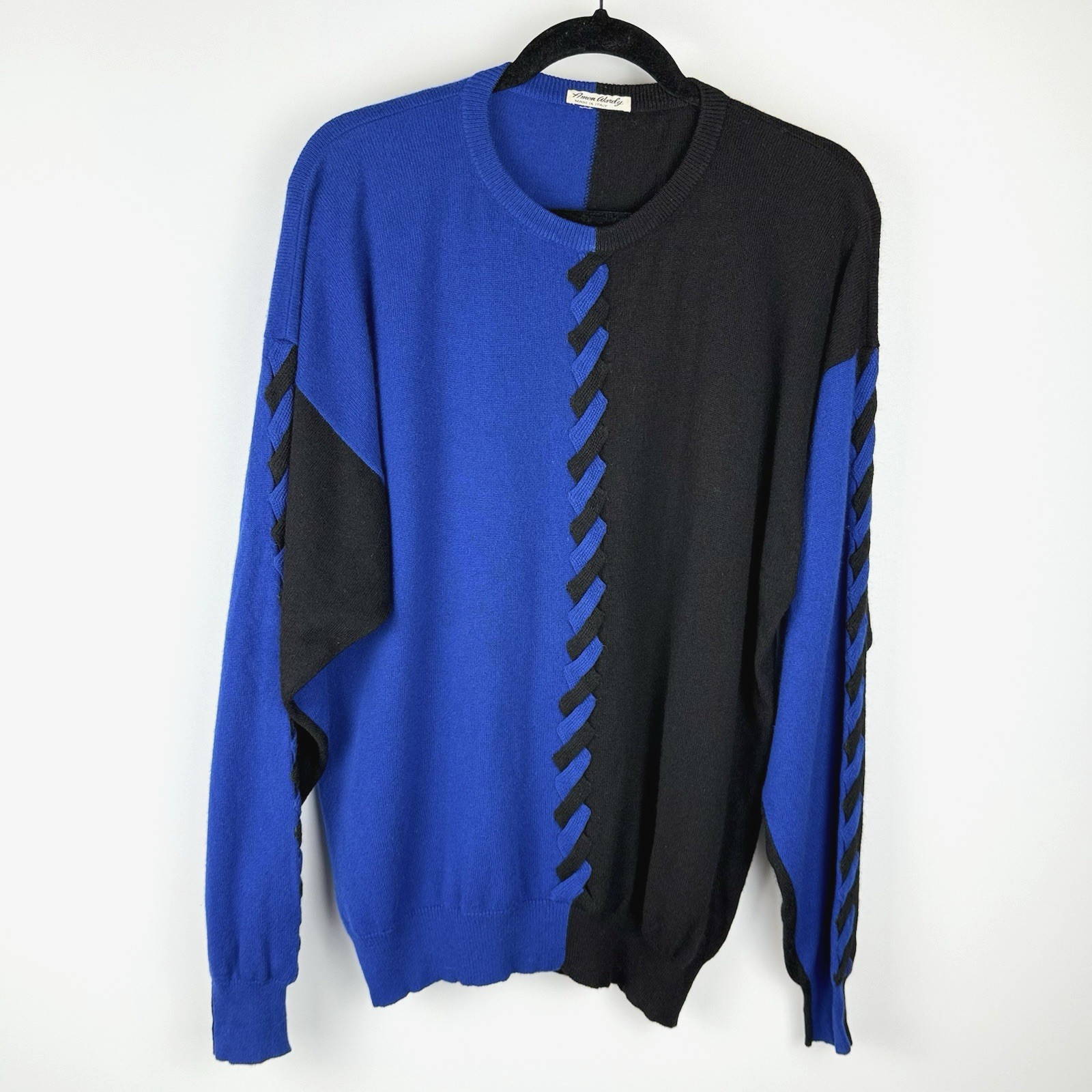 Vtg AMEN WARDY 100% Cashmere Sweater Black Blue Braided Accents Italy 70s 80s