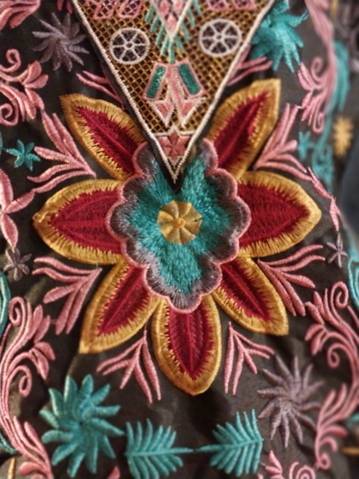 VTG Y2K 90’S BOHO Embroidered Denim Jacket Floral Embellished Tribal Pyramid SEE