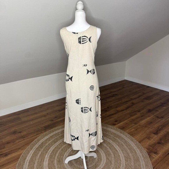 Connie Choi Vintage Linen Blend Nautical Fish Print Maxi Dress Beige Small 70645