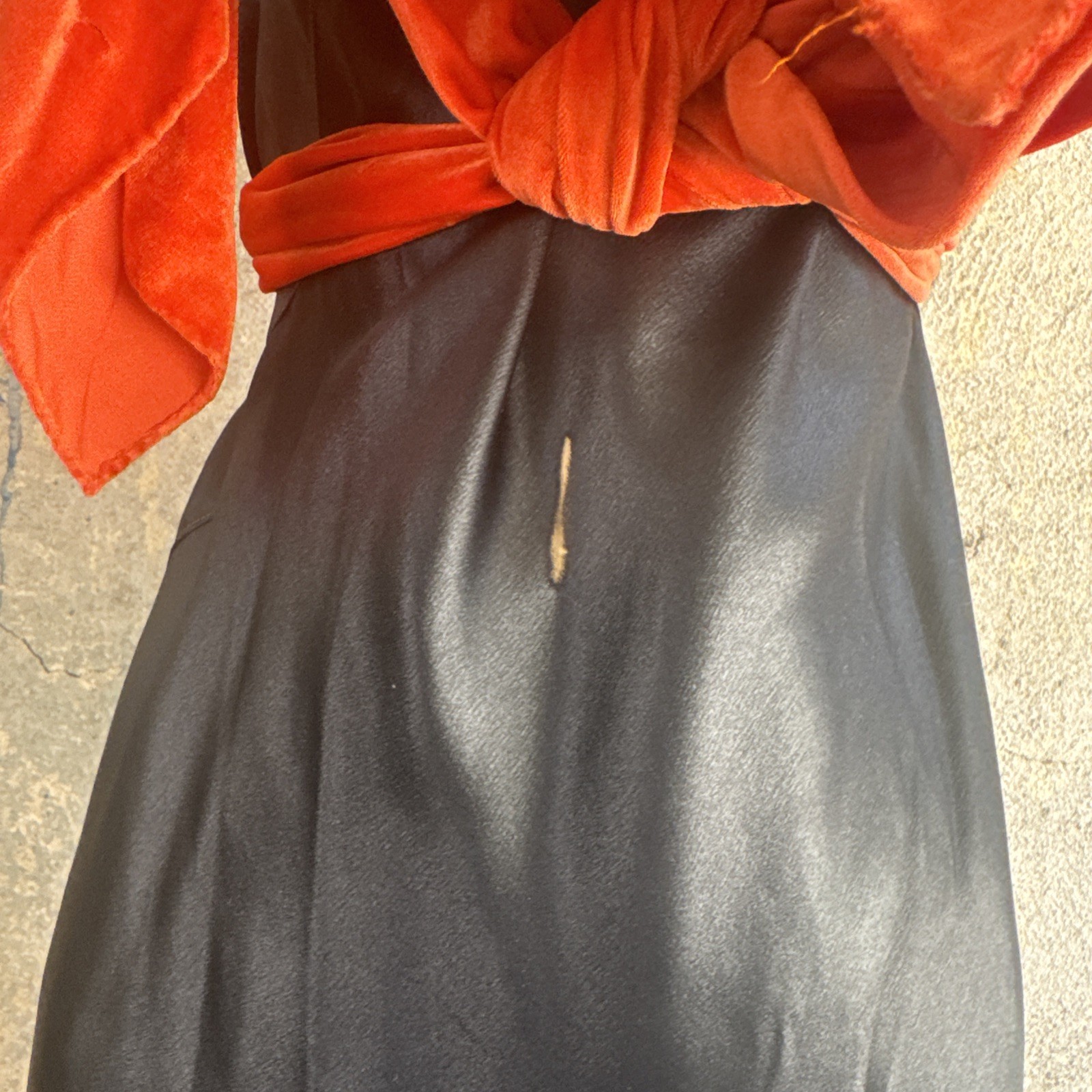 Vintage 1930s Black Silk Satin Dress Orange Silk Velvet Bow Wrap Lace Trim Bias