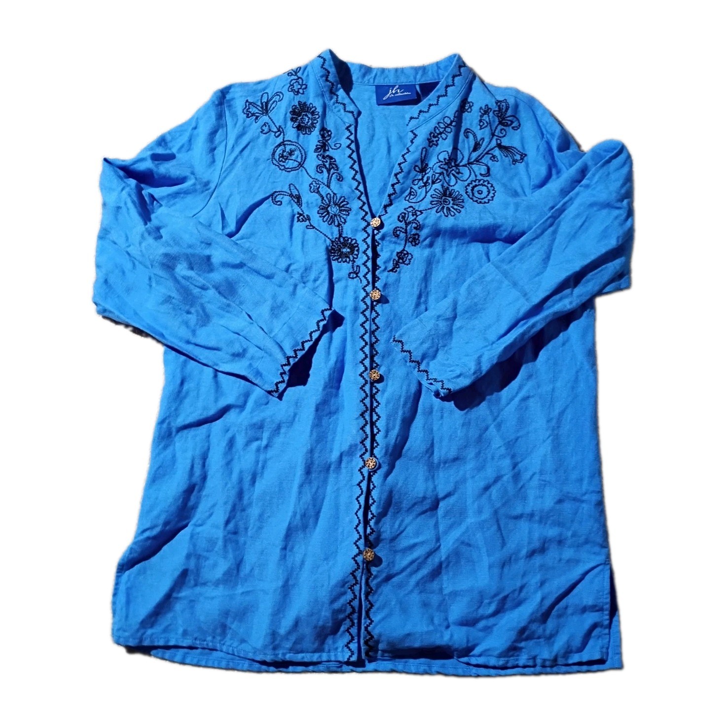 VTG JH Collectibles Embroidered Blouse Medium Blue Linen Peasant Top Boho M