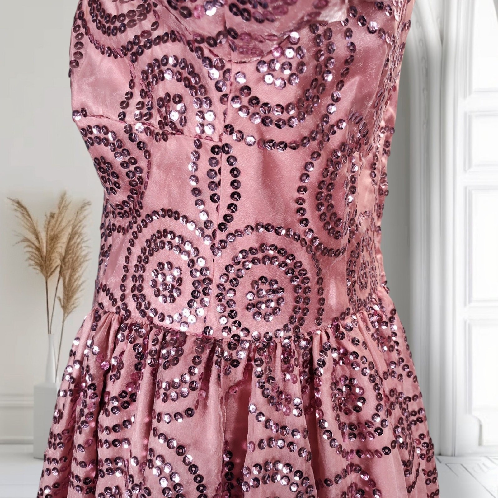 Vintage 80s Pink Sequin Formal Dress Size 12 Puff Sleeve Basque Waist