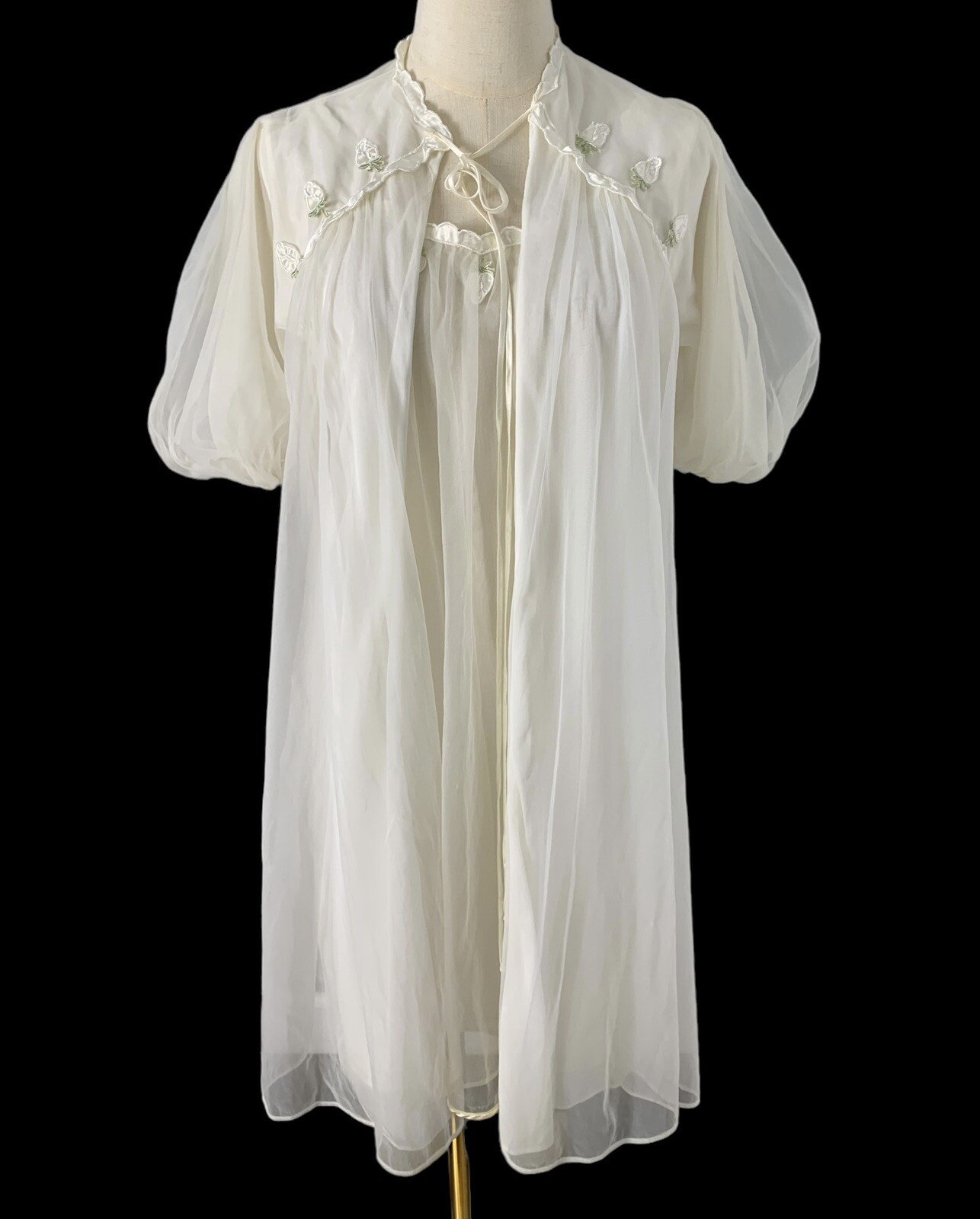 VTG Gotham gold stripe peignoir robe gown babydoll nylon slip roses chiffon 60s