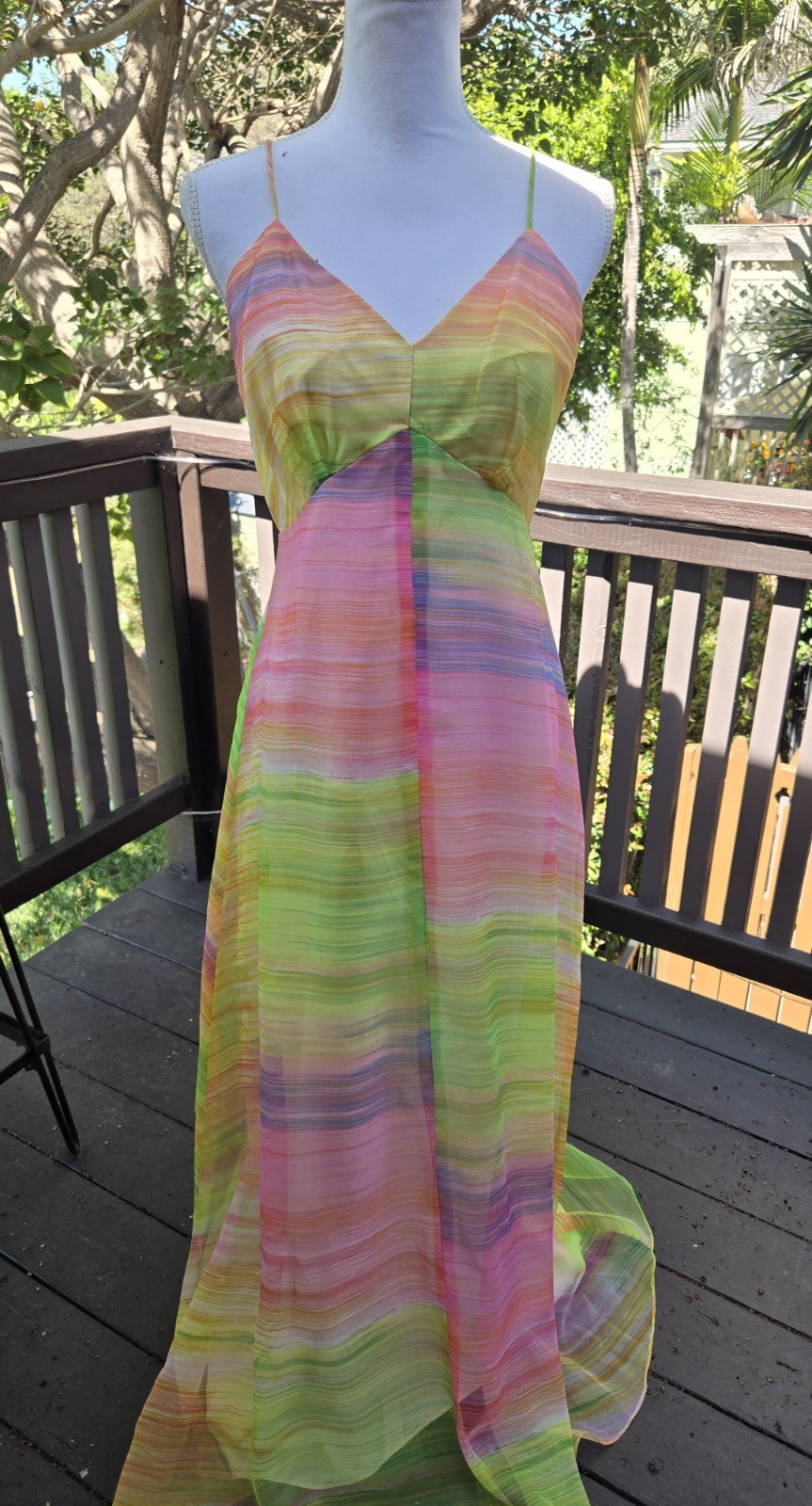 Vintage Seventies Pastel Rainbow Chiffon Dressy Maxi Dress Spaghetti Straps