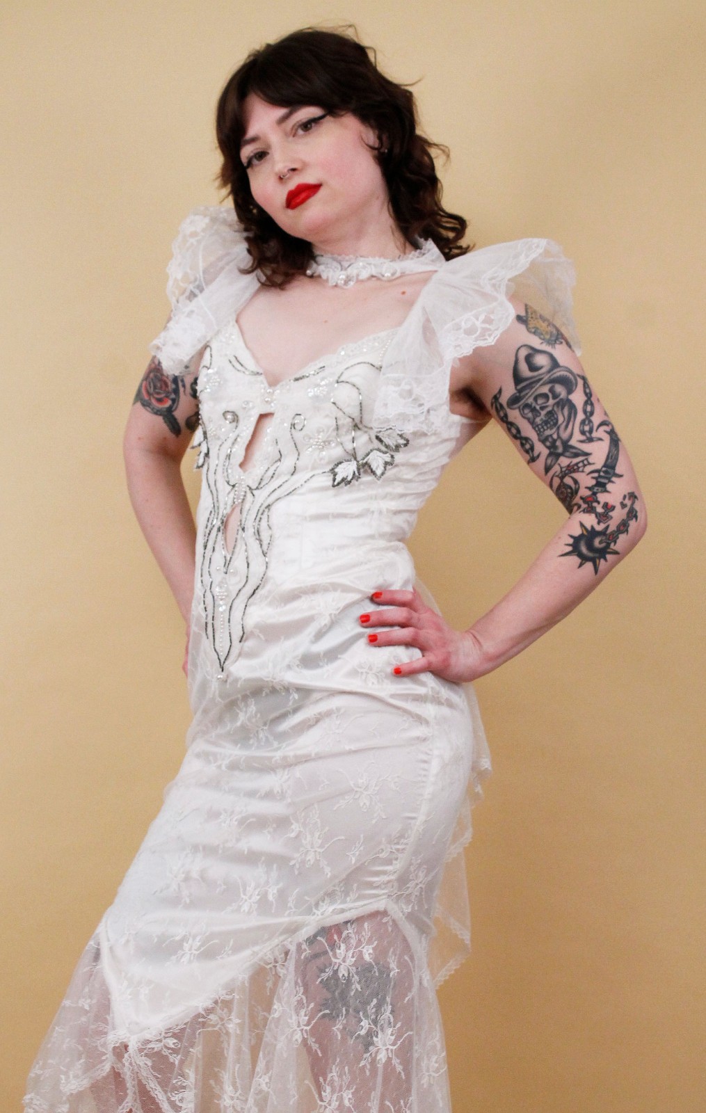 80s Vtg CLIMAX Karen Okada White Lace Angel Sleeve Dress Sheer Mesh Glam Mermaid